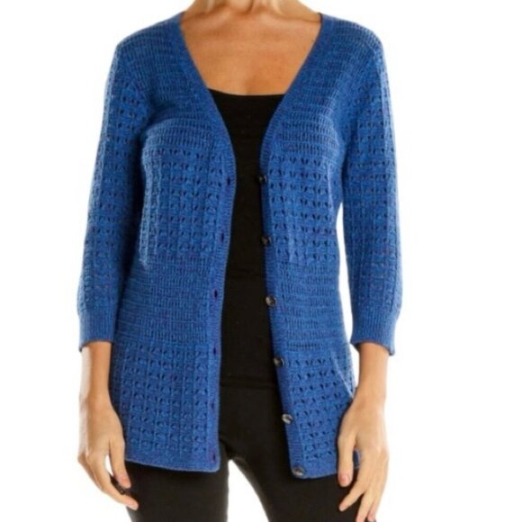DKNY Jeans Women's Blue Open-Knit Button-Front Cardigan Size Medium - Picture 3 of 6